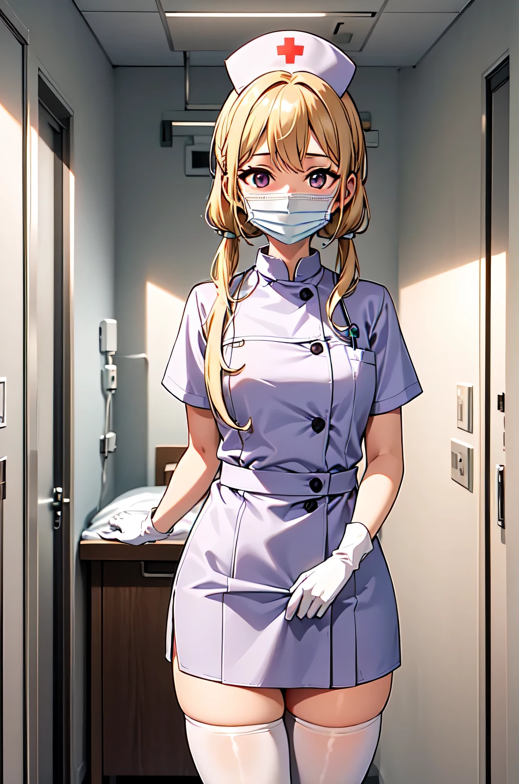 1girl, solo, nurse, nurse cap, white nurse uniform, ((white legwear, zettai ryouiki)), white gloves, twintails, yellow hair, purple eyes, ((white surgical mask, covered nose)), standing, ((hospital room)), sharp outline, short sleeves, best quality, masterpiece
