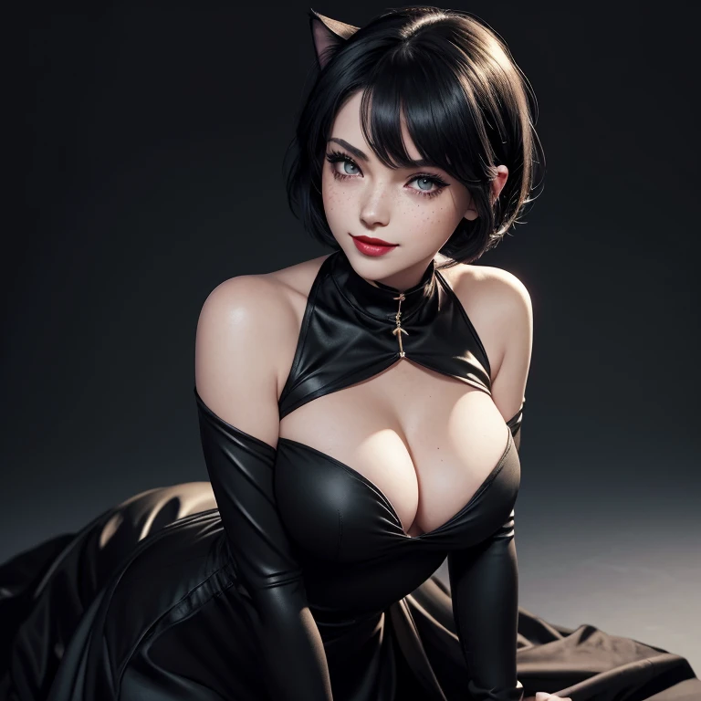 (score_9, score_8_up, score_8:1.2), (1girl, solo, masterpiece, 8k, HDR,), beautiful young woman, cat ears, (pale white skin:1.2), freckles, blushing, (black short hair:1.2), black eyes, red lipstick, dark eyeliner, black necklace, large ring shaped black earing, smug smile, looking at viewer, small breasts, tight waist, slim feminine body, big hips, round ass, cute, eyelashes, character concept art of a beautiful woman leaning over, black body-hugging dress, cleavage, extremely sexy, seductive, comic book art, rough colored sketch, looking at the viewer, simple background, black background
