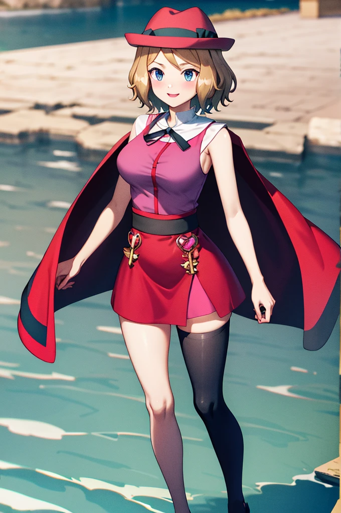 masterpiece, best quality, highres, serena \(pokemon\), short hair, blue eyes, 1girl, solo, blue ribbon, eyelashes, black thighs, neck ribbon, sleeveless, bangs, collarbone, bare arms, pink dress, red coat, pink hat, outdoor, standing by a lake, blushing, smile, long stockings, black stockings, mid-thigh stockings, medium-sized female breasts, Neckline, detailed background, background of great details.