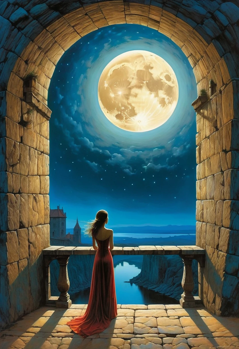 beautiful dark room,There is a big window, The scenery outside the window,Looking out from the window,Girl looking into the distance at the window,The Faceless Stone Woman on the Bridge,Handheld Light,Background with full moon, With the sky as a background, Brome's Art, Magic artwork, super fine, Fantasy Art Surrealism Beksinski