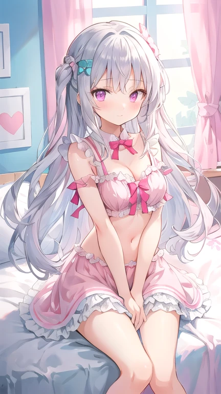beautiful illustration, best quality, cute girl, bedroom, pastel color, two-piece frilled lingerie, , silver long hair, bright lighting, light pink eyes