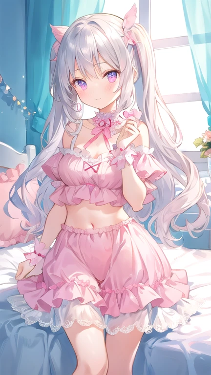beautiful illustration, best quality, cute girl, bedroom, pastel color, two-piece frilled lingerie, , silver long hair, bright lighting, light pink eyes