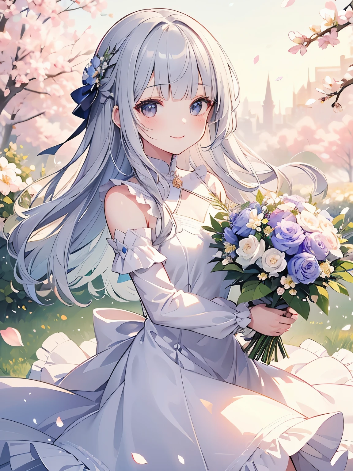 masterpiece, best quality, ultra-detailed, illustration, cute, Girl, Solo, Silver hair, fairy, petals dance, blunt bangs, blouse, smile, flower, spring, have a bouquet