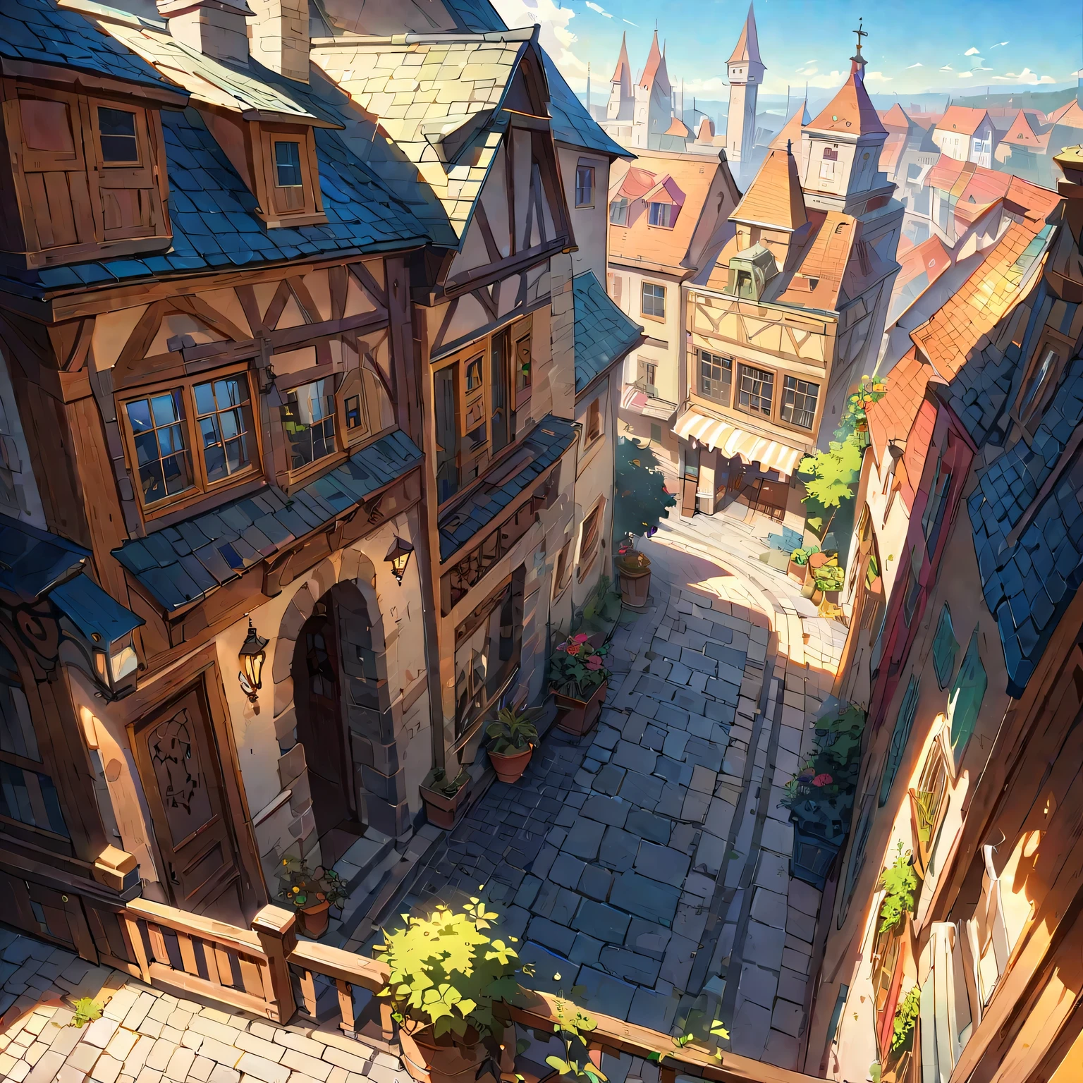 Open the window on the top floor The View Outside the Window，Picturesque town square center，Surrounded by colorful buildings and cobblestone streets。The surrounding buildings reflect the charm of the European countryside，The warm sunshine bathes the square，Cast soft shadows，Create a sense of depth and dimension。 Unparalleled level of detail，Every element is professionally rendered，Creating a truly immersive experience。 The overall image is rich in tone、Energetic，Bright colors highlight the magical atmosphere。The lighting is carefully crafted，Enhance scene depth and realism，Cast soft shadows and highlight intricate details。