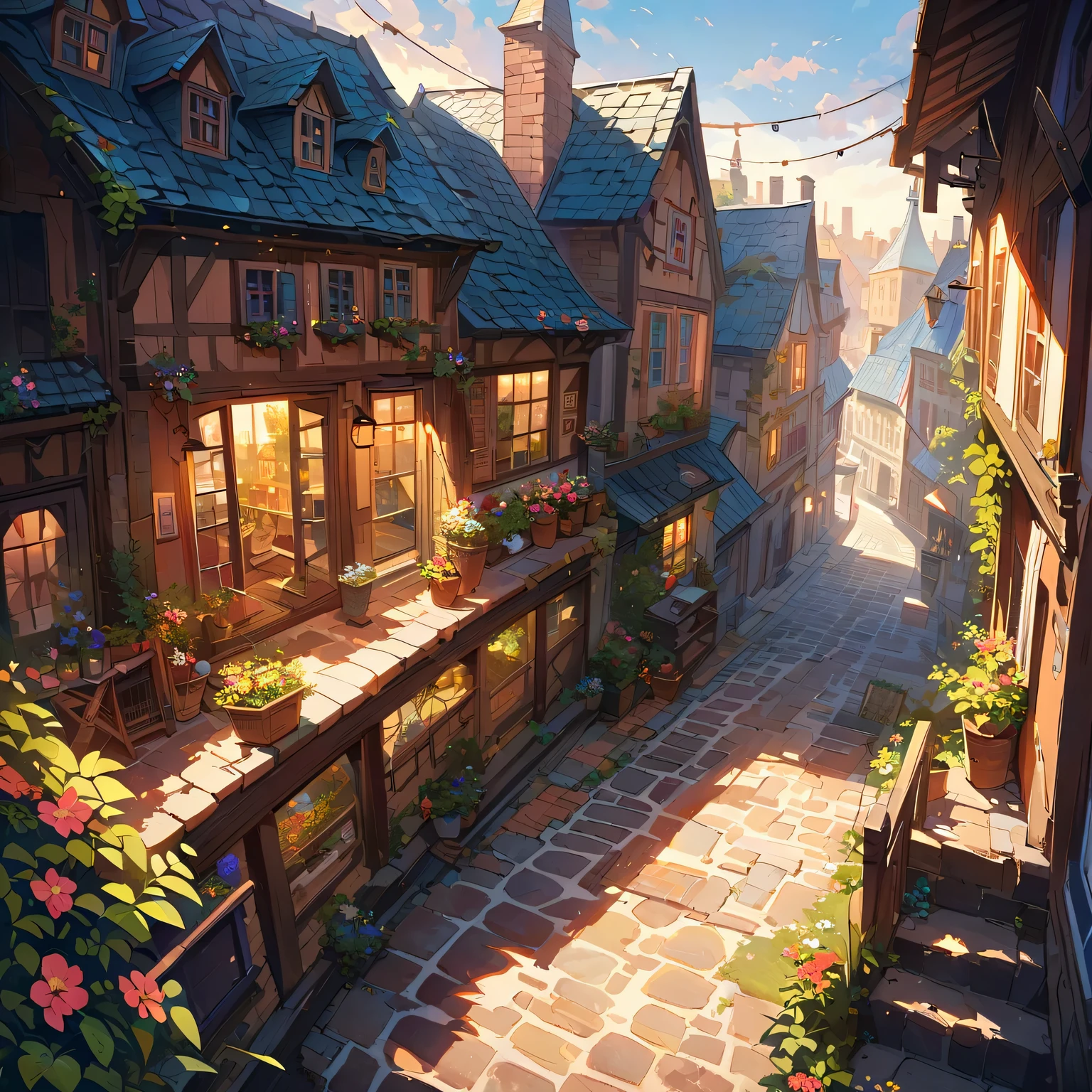 A girl on the attic(The View Outside the Window),Picturesque town square center,Surrounded by colorful buildings and cobblestone streets。The surrounding buildings reflect the charm of the European countryside,The warm sunshine bathes the square,Cast soft shadows,Create a sense of depth and dimension。 Unparalleled level of detail,Every element is professionally rendered,Creating a truly immersive experience。 The overall image is rich in tone、Energetic,Bright colors highlight the magical atmosphere。The lighting is carefully crafted,Enhance scene depth and realism,Cast soft shadows and highlight intricate details。