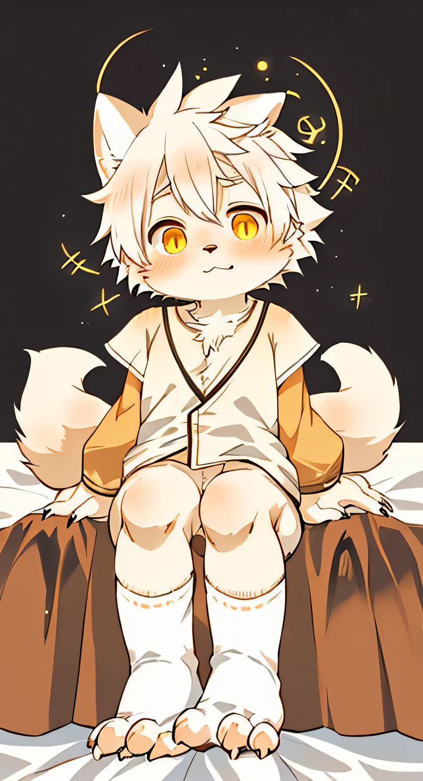 unique,Kanno,white fox,male,hairy,best quality,Shota,Humanity,claws,hairy tail,Golden Sun Rune,cute,Sparkling golden eyes,sitting on bed,white socks,bottom-up perspective