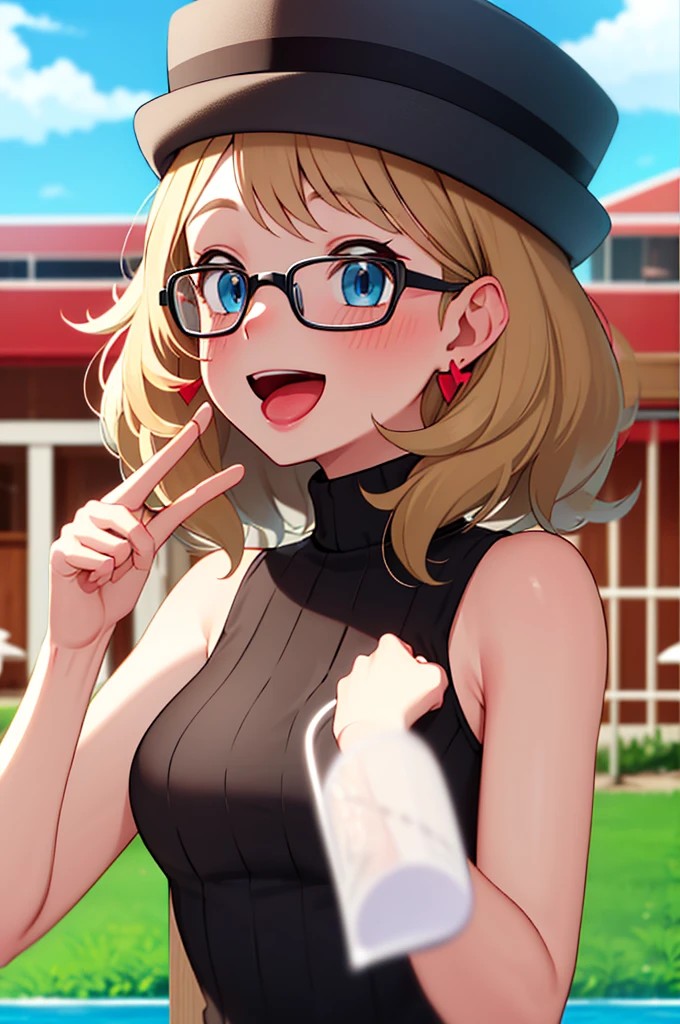 masterpiece, best quality, highres, 1girl, solo, blush, smile, short hair, open mouth, bangs, blue eyes, blonde hair, hat, jewelry, upper body, :d, earrings, outdoors, sky, sleeveless, day, tongue, shiny, cloud, hand up, water, blurry, vest, bare arms, eyelashes, turtleneck, border, happy, grass, sweater vest, sleeveless turtleneck, grey headwear,  glasses