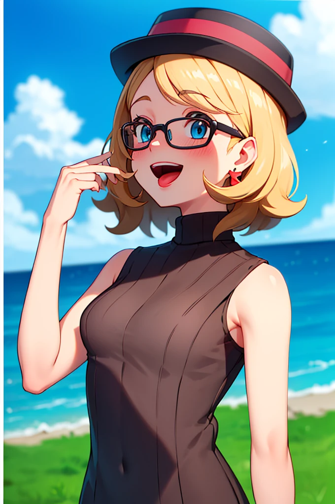 masterpiece, best quality, highres, 1girl, solo, blush, smile, short hair, open mouth, bangs, blue eyes, blonde hair, hat, jewelry, upper body, :d, earrings, outdoors, sky, sleeveless, day, tongue, shiny, cloud, hand up, water, blurry, vest, bare arms, eyelashes, turtleneck, border, happy, grass, sweater vest, sleeveless turtleneck, grey headwear,  glasses
