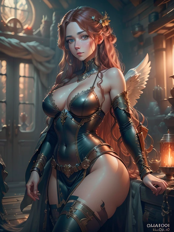 (best quality,8k:1.2,high resolution:1.2),epic cinematic image,glorious appearance,ultra-detalhado,Realistic,vintage godess angel female,long red curly hair,rosto extremamente detalhados,long eyelashes,big angel wings,soft white dress,suntan tights,metalic accessories,Physically-based rendering,sharp focus,natural lighting