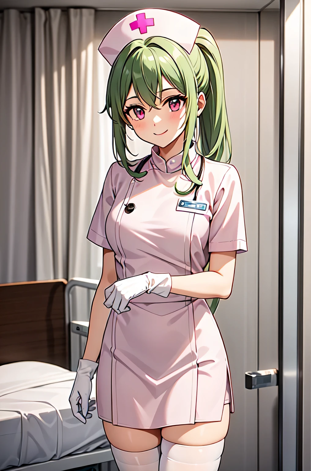 1girl, solo, nurse, nurse cap, white nurse uniform, ((white legwear, zettai ryouiki)), white gloves, ponytail, green hair, pink eyes, smile, standing, ((hospital room)), sharp outline, short sleeves, best quality, masterpiece