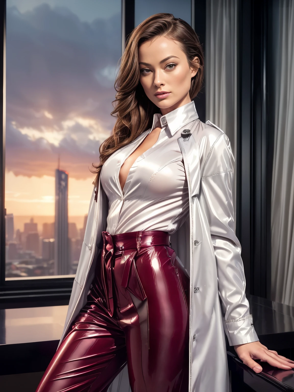 Olivia Wilde as corporate CEO, ((crimson satin formal trousers:1.24)), ((white satin shirt:1.25)), ((open unbuttoned latex raincoat:1.23)), high bun wavy hair, leather fingerless gloves, seductive pose in front of a high rise window, sunset scene, hourglass figure, fit, seductive face, look at camera and wink, soft volumetric lights, intricate details, (ArtStation:1.2)