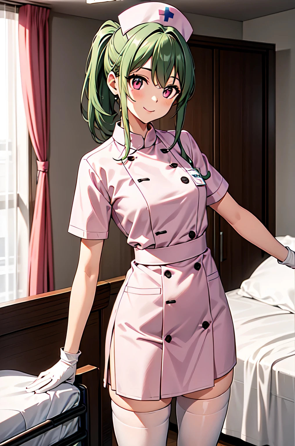 1girl, solo, nurse, nurse cap, white nurse uniform, ((white legwear, zettai ryouiki)), white gloves, ponytail, green hair, pink eyes, smile, standing, ((hospital room)), sharp outline, short sleeves, best quality, masterpiece