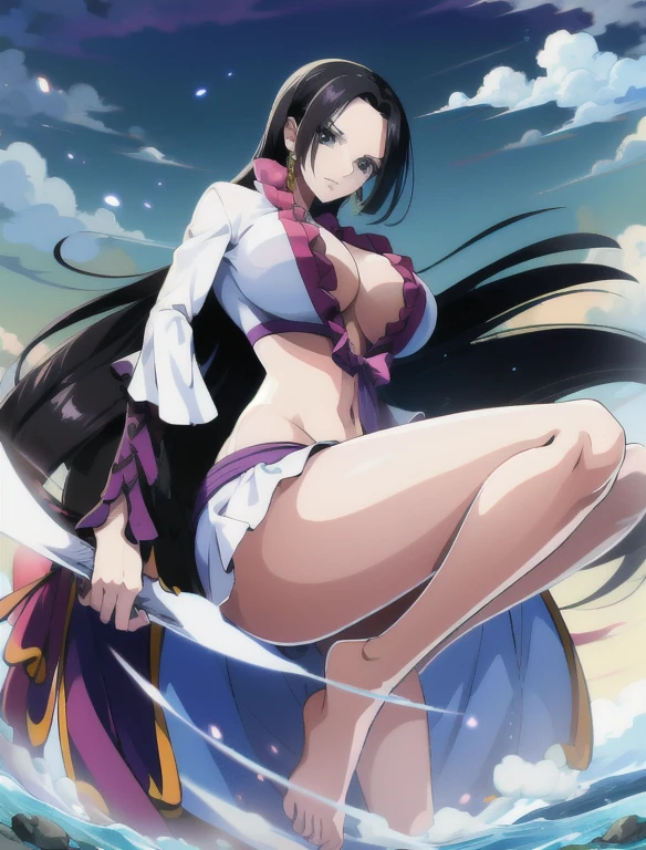 (GTS: 1. 5), (nstf: 1. 2), masterpiece, best quality, highres, 1 girl and island much smaller than a girl, boa hancock, Purple micro bikini, large breasts, long black hair, third person point of view, Naked cartoon super giant animated woman standing in the water overlooking a island, Height 2000m, Much larger than the original, Animation of Hancock, the super giant woman who tries to trample the small island underfoot, Put your hands on your hips and look down at your feet, perfect finger, apart legs, light smile
