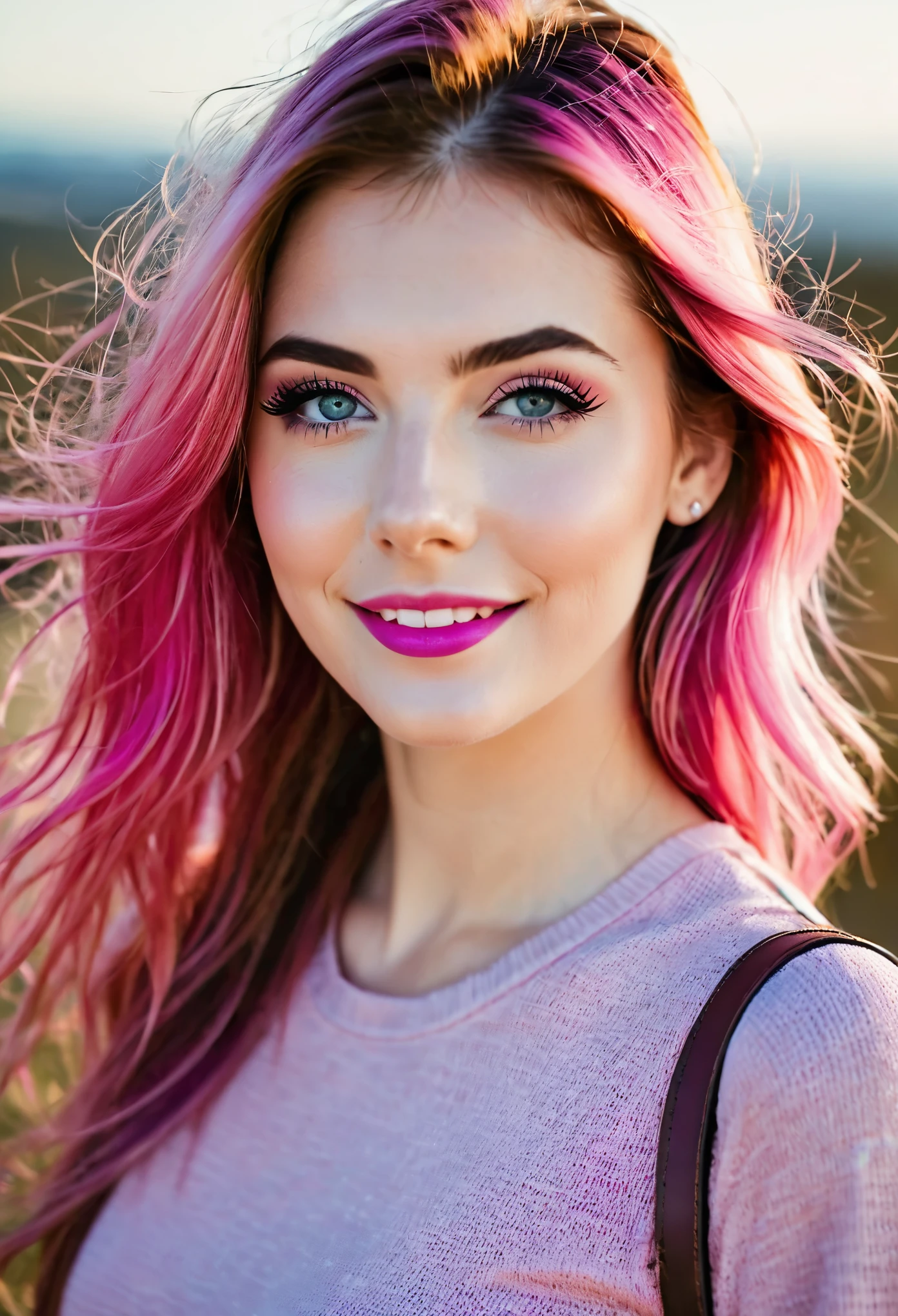 (((ultra realista))) foto, obra maestra, calidad superior, (pale skin), (Cara y ojos ultra detallados.:1.3), 1 chica, adulto, en una camiseta, ((Maquillaje de ojo, pink mascara)), ((una leve sonrisa)), ((labios grandes y detallados)), ((Rosa hair in the wind)), ((Chiolka)) , (Pechos naturales), cintura delgada. ((posando)), Photoshoot, studio (soft lighting), (El juego de luces y sombras), profundidad de campo, bokeh, (Special attention to leather details.: 1.2), textura de cuero detallada, poros de la piel. (Warm frame environment.. Gama de colores: violeta, rosa, blue tones), DR, ((film grain)), ((rayos)), (Glare), ((retrato de cintura para arriba)) , ultra detialed, 