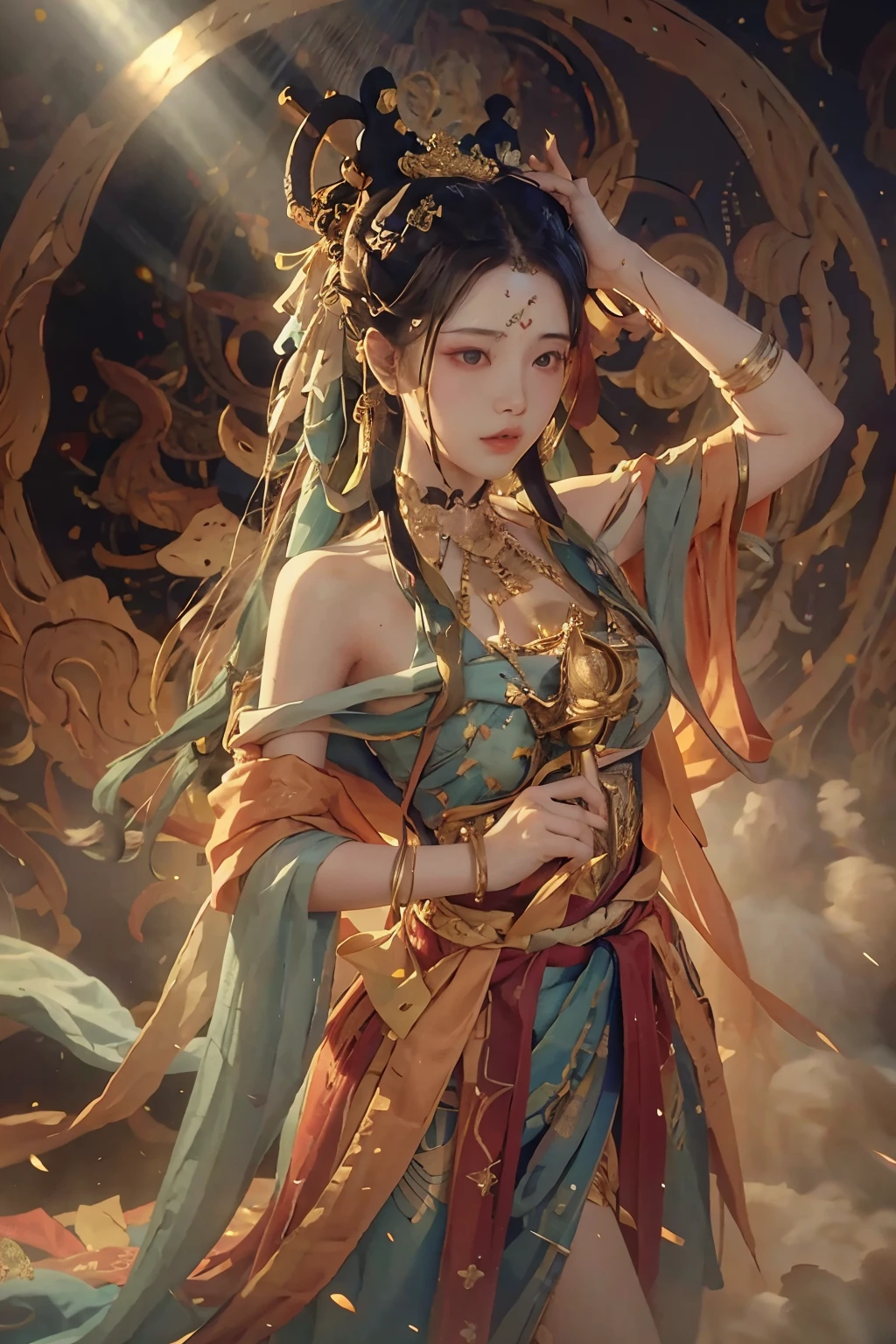 (original photo, best quality), (actual, photo-actual:1.3),best quality,Very detailed,masterpiece,Super detailed,illustration,1 girl,superior_Body,Dynamic angle,world masterpiece theater,messy_long_hair,best quality,Extremely detailed CG unified 8k wallpaper,ink,Astonishing,movie lighting,lens_flare,,Dunhuang_style