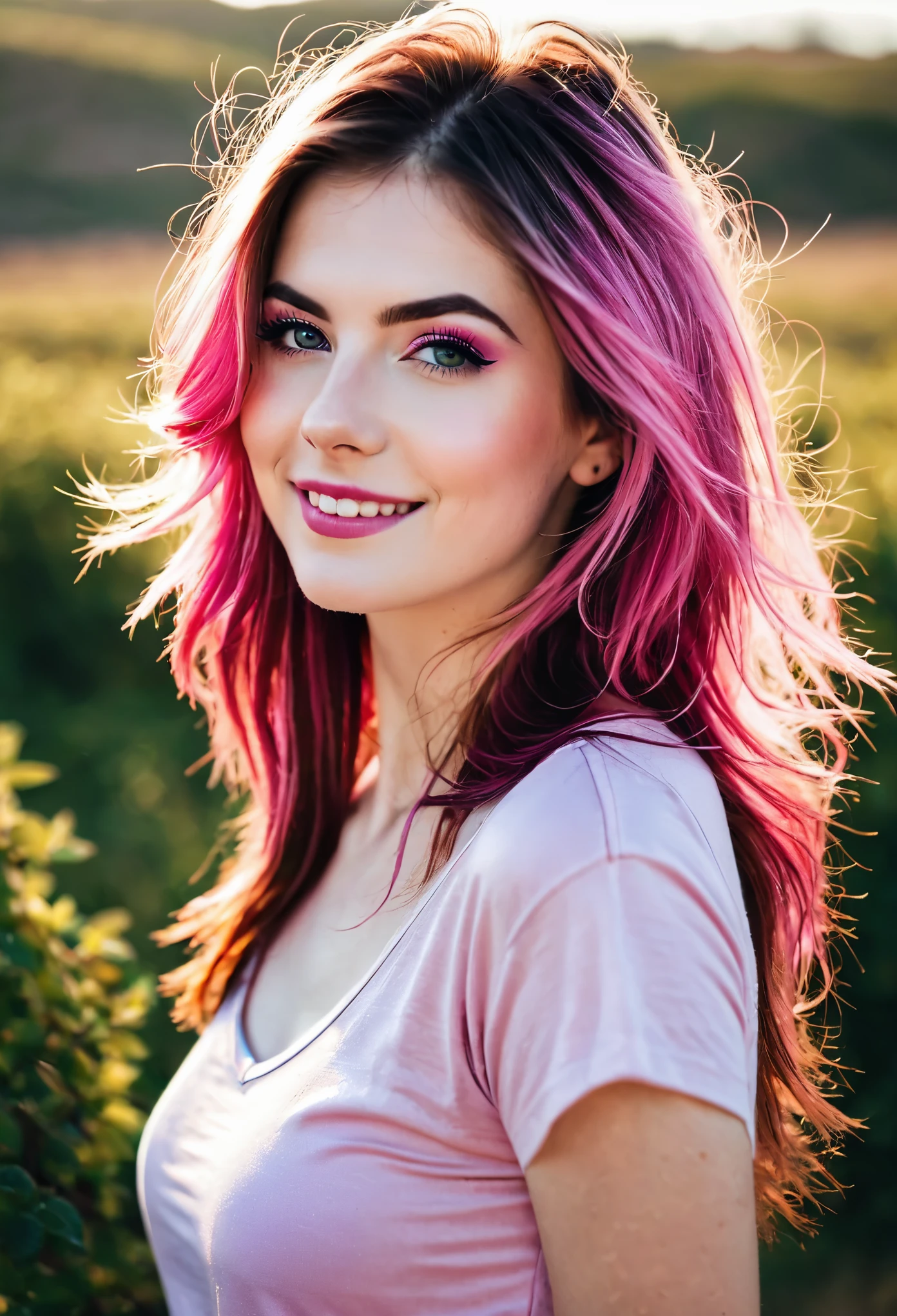 (((ultra realista))) foto, obra maestra, calidad superior, (pale skin), (Cara y ojos ultra detallados.:1.3), 1 chica, adulto, en una camiseta, ((Maquillaje de ojo, pink mascara)), ((una leve sonrisa)), ((labios grandes y detallados)), ((Rosa hair in the wind)), ((Chiolka)) , (Pechos naturales), cintura delgada. ((posando)), Photoshoot, studio (soft lighting), (El juego de luces y sombras), profundidad de campo, bokeh, (Special attention to leather details.: 1.2), textura de cuero detallada, poros de la piel. (Warm frame environment.. Gama de colores: violeta, rosa, blue tones), DR, ((film grain)), ((rayos)), (Glare), ((retrato de cintura para arriba)) , ultra detialed, 