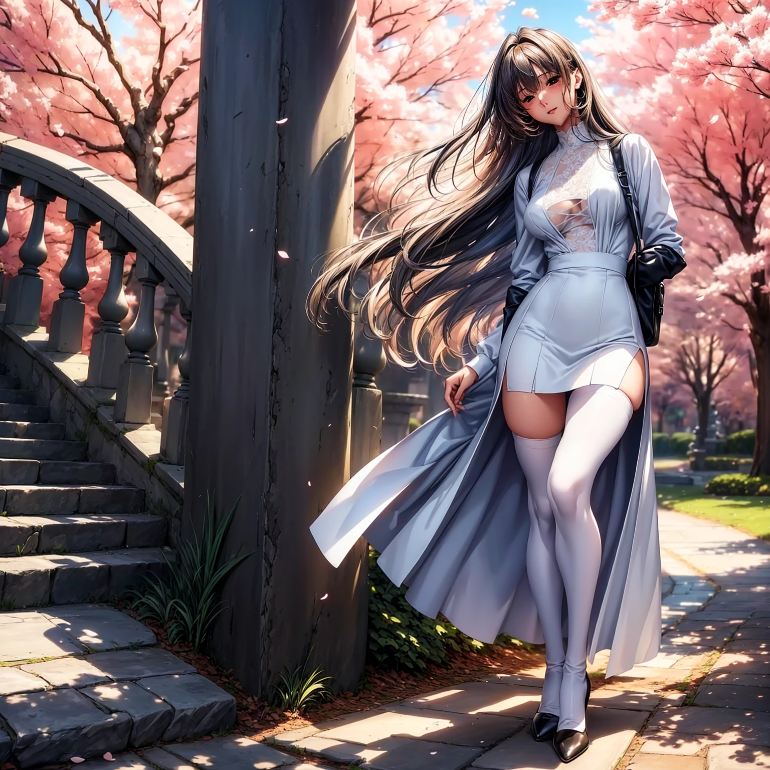 (((highest quality、masterpiece、very high resolution、High-definition images)))、Beauty Painting、realistic portrait、One strong-willed beautiful girl:18-year-old、beautiful body:Slender, beautiful breasts and beautiful legs、beautiful face:smile、eyes with strong will,beautiful hair:various hairstyles 、(best skin and hair texture,realistic skin texture,realistic hair texture)、((white blouse、Deep slit tight skirt and knee-high stockings))、beautiful park、beautiful cherry blossoms、stone steps、beautiful sky、Natural light、beautiful scenery、model pose、beautiful pose、model shoot、fashion shoot、(((The wind is blowing))),stone stepsを登り下から見上げるアングル,accurate image:1.5、accurate anatomy:1.5、Image without defects、perfect image、Overall image、(best shot:1.2、Raw photo:1.2)