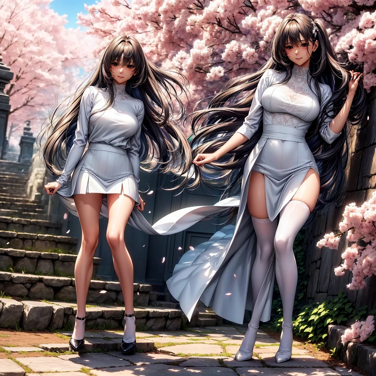 (((highest quality、masterpiece、very high resolution、High-definition images)))、Beauty Painting、realistic portrait、One strong-willed beautiful girl:18-year-old、beautiful body:Slender, beautiful breasts and beautiful legs、beautiful face:smile、eyes with strong will,beautiful hair:various hairstyles 、(best skin and hair texture,realistic skin texture,realistic hair texture)、((white blouse、Deep slit tight skirt and knee-high stockings))、beautiful park、beautiful cherry blossoms、stone steps、beautiful sky、Natural light、beautiful scenery、model pose、beautiful pose、model shoot、fashion shoot、(((The wind is blowing))),stone stepsを登り下から見上げるアングル,accurate image:1.5、accurate anatomy:1.5、Image without defects、perfect image、Overall image、(best shot:1.2、Raw photo:1.2)