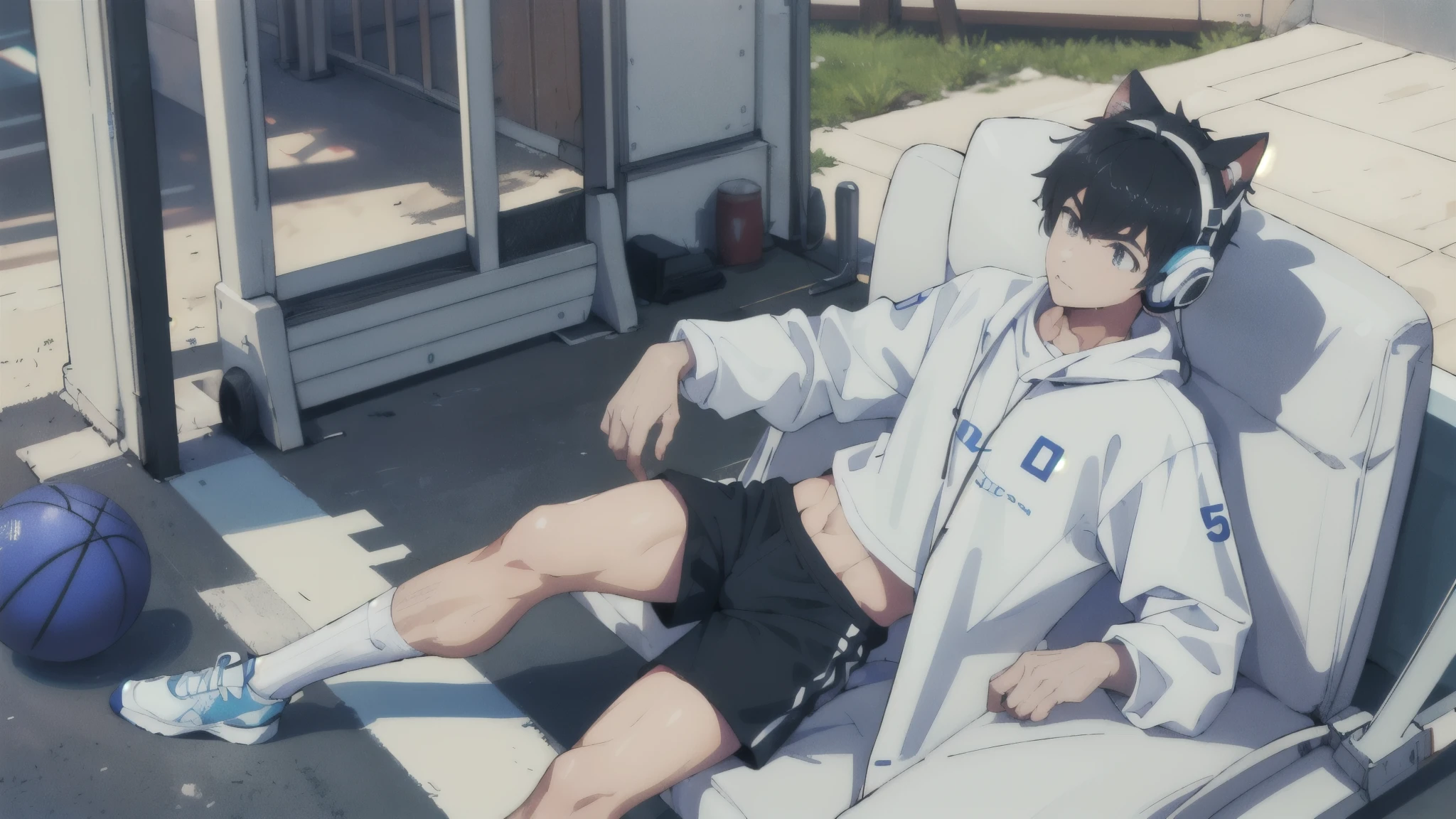 muscle,chest muscles,abdominal muscles,Wearing blue and white headphones,Light blue sports shorts,White basketball shoes,white socks,light coat,Sit down and rest,Playground background,short hair,One meter eight,male,robust,cat ear headphones,legs spread,