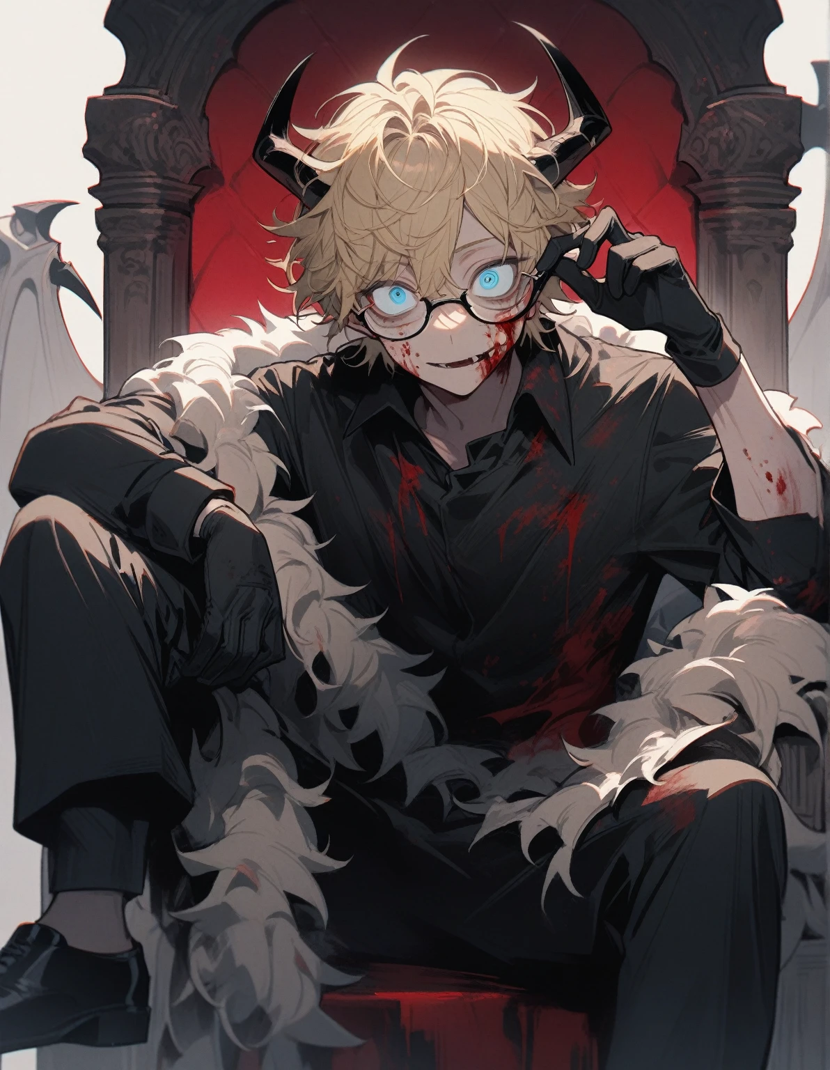 1 man, blue eyes, blond hair, short disheveled hair with bangs, looks at the viewer, wears glasses, wears a black shirt with fur trim, black pants, black gloves, white large demonic horns and white large demonic wings, sits on a throne, black shoes, crazy eyes, blood on clothes and on the face, leg on leg, delicate tones