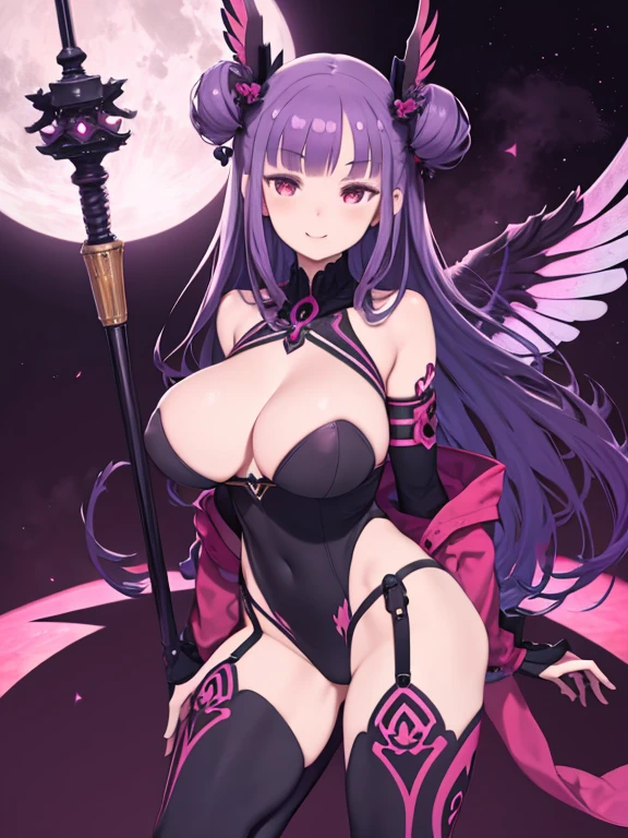 1 girl,alone, clothing-cf, Strapless bottom, huge breasts, purple hair, red eyes, dark person, light smile, mechanical wing, hair ornaments, elbow bag, Thighhighs, Hello, genital tattoo, corruption