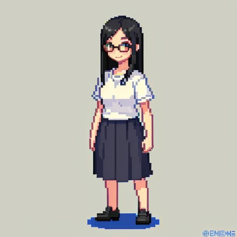 (Pixel art:1.2)、shoulder-length black hair、Glasses、30 year old female、whole body、narrow eyes、freckles、