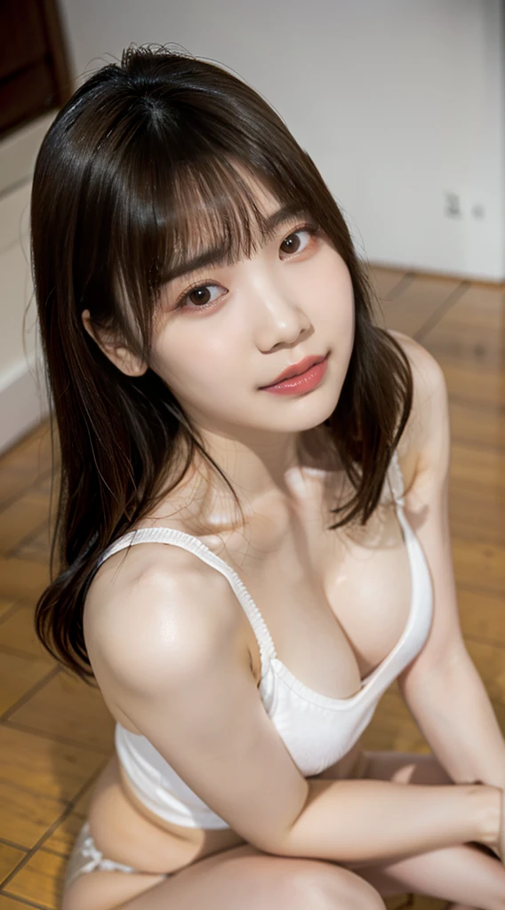 ((highest quality, 8K, Raw photo, masterpiece :1.3)), (realistic、Photoreal:1.37),ultra high resolution, (professional lighting), 1 girl, alone, Beautiful and dense face, shining eyes, brown eyes, double eyelid,eyelash,lean figure,C cup, Fine and beautiful skin, skin texture,A woman is sitting in front of me with her knees on the floor.,look up at the camera,front,The mouth is open and、He has a troubled expression on his face., Luxury Hotels, Light of the sun, (NSFW,kneel down:1.3, arrive:1.3, open your mouth:1.3, shy), (brunette bob, brown hair), (clothing: white tank top, No bra,white hot pants ), (Floor seen from above:1.5) ,freckles,beautiful clavicle,Mole under left eye