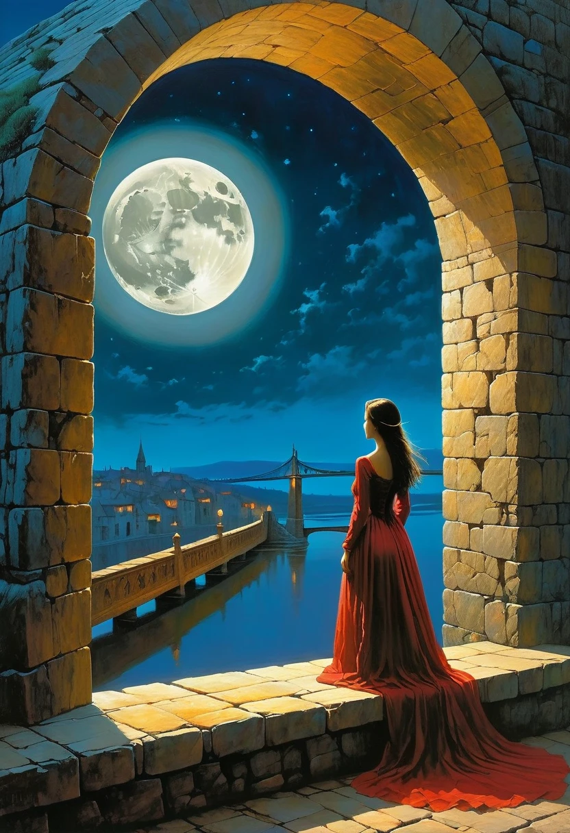 beautiful dark room，There is a big window, The scenery outside the window，Looking out from the window，Girl looking into the distance at the window，The Faceless Stone Woman on the Bridge，Handheld Light，Background with full moon, With the sky as a background, Brome&#39;s Art, Magic  artwork, super fine, Fantasy Art Surrealism Beksinski