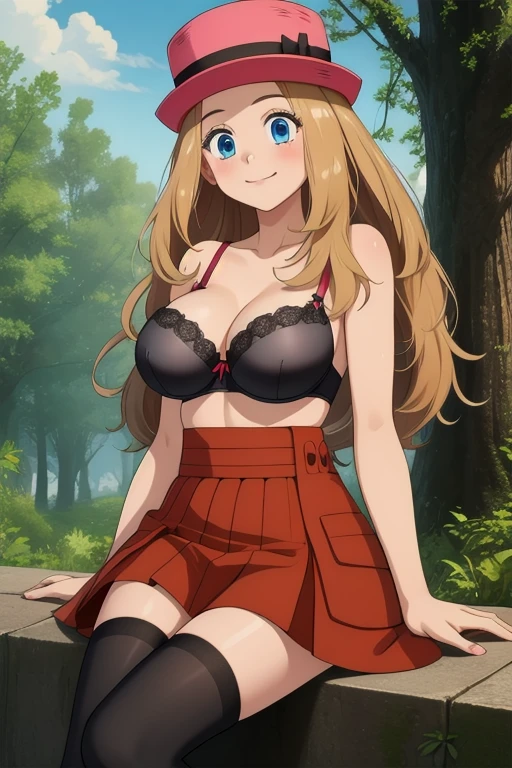 Packing Serena, 1 girl, alone, blue eyes, blonde hair, long hair, low-tied long hair, have, pink hat,, black stockings,Red skirt smile,closed mouth,cowboy shot,sitting,
forest,outdoor,
(very detailed, Beautiful and dense face, masterpiece, highest quality) cinematic lighting,、big breasts、black bra、Black twine