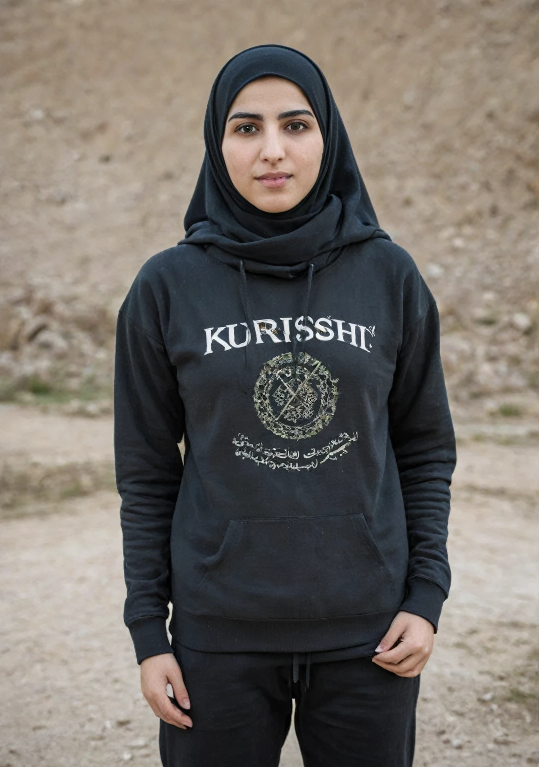 Kurdish girl in black straight hijab in sweatshirt standing in Kurdish village pant portrait headshot
