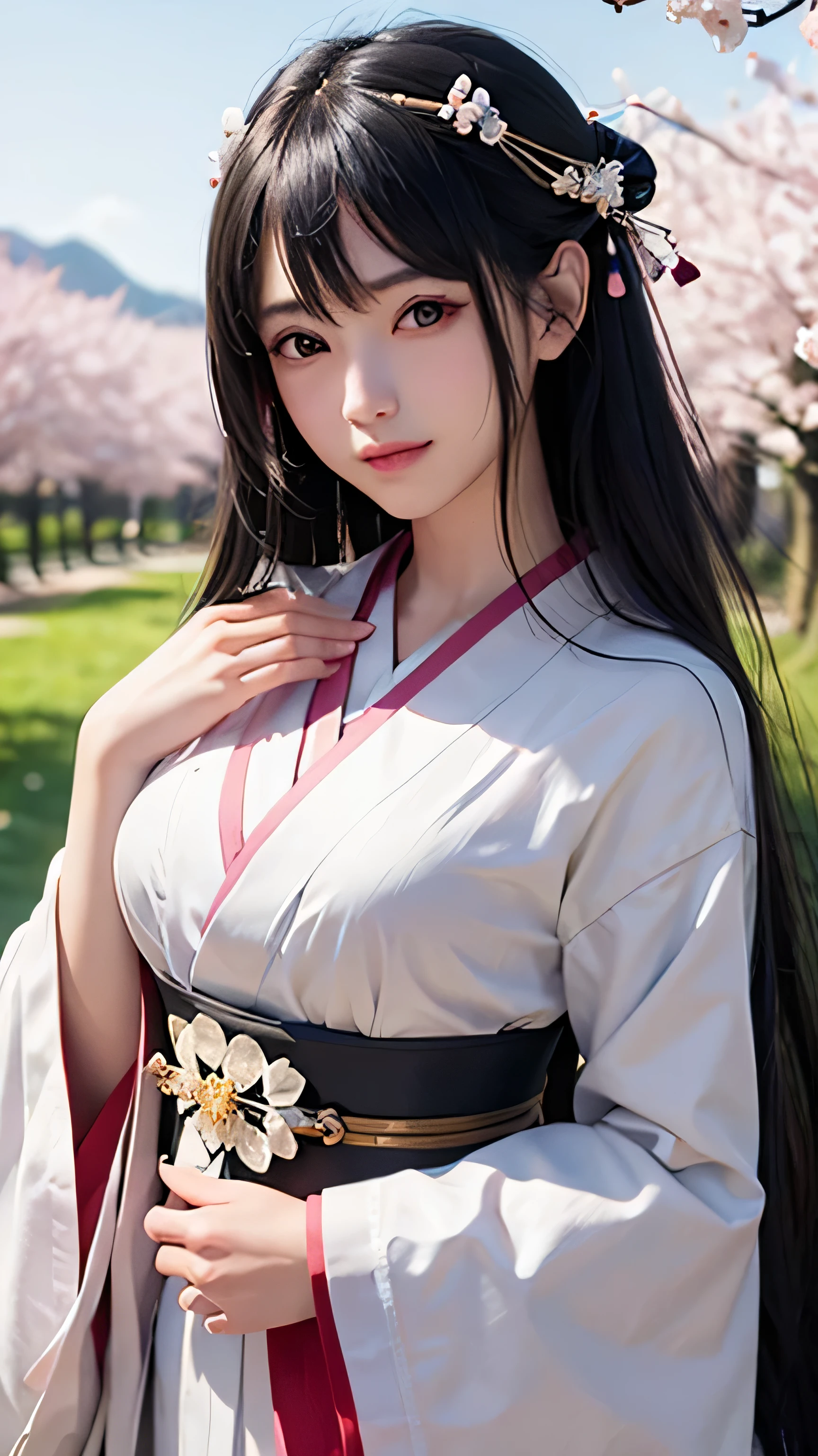 (logo、masterpiece、8K、table top、Raw photo、wonderful、最high quality、realistic、very detailed CG integrated 8k wallpaper、high quality、very detailed、narrative poem、particle effects、dynamic effects、Depth of the bounds written、cinematic light、Lens flare、ray tracing)、fantasy、 (1 beautiful woman、Kimono isolated on white background、Japanese clothing、black haired、beautiful face、real face、Beautiful eyes in every detail、beautiful skin)、Hair flutters in Wind、hair bounceany pink cherry blossom trees、A field of petals fluttering in the background、SakuraFubuki、Spectacular view、Wind、god々、tooth、god story、precise fingers、smile, slim body,Lots of cherry trees