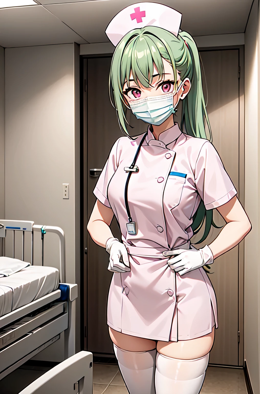 1girl, solo, nurse, nurse cap, white nurse uniform, ((white legwear, zettai ryouiki)), white gloves, ponytail, green hair, pink eyes, ((white surgical mask, covered nose)), standing, ((hospital room)), sharp outline, short sleeves, best quality, masterpiece