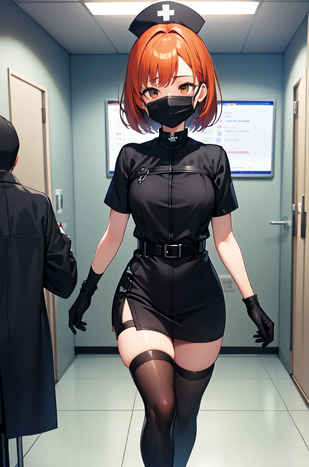 black nurse, 1girl, solo, black nurse cap, black nurse uniform, ((black legwear, zettai ryouiki)), black elbow gloves, very short hair, orange hair, ((black surgical mask, covered nose)), standing, ((surgery room)), sharp outline, short sleeves, tomboy, boyish, best quality, masterpiece