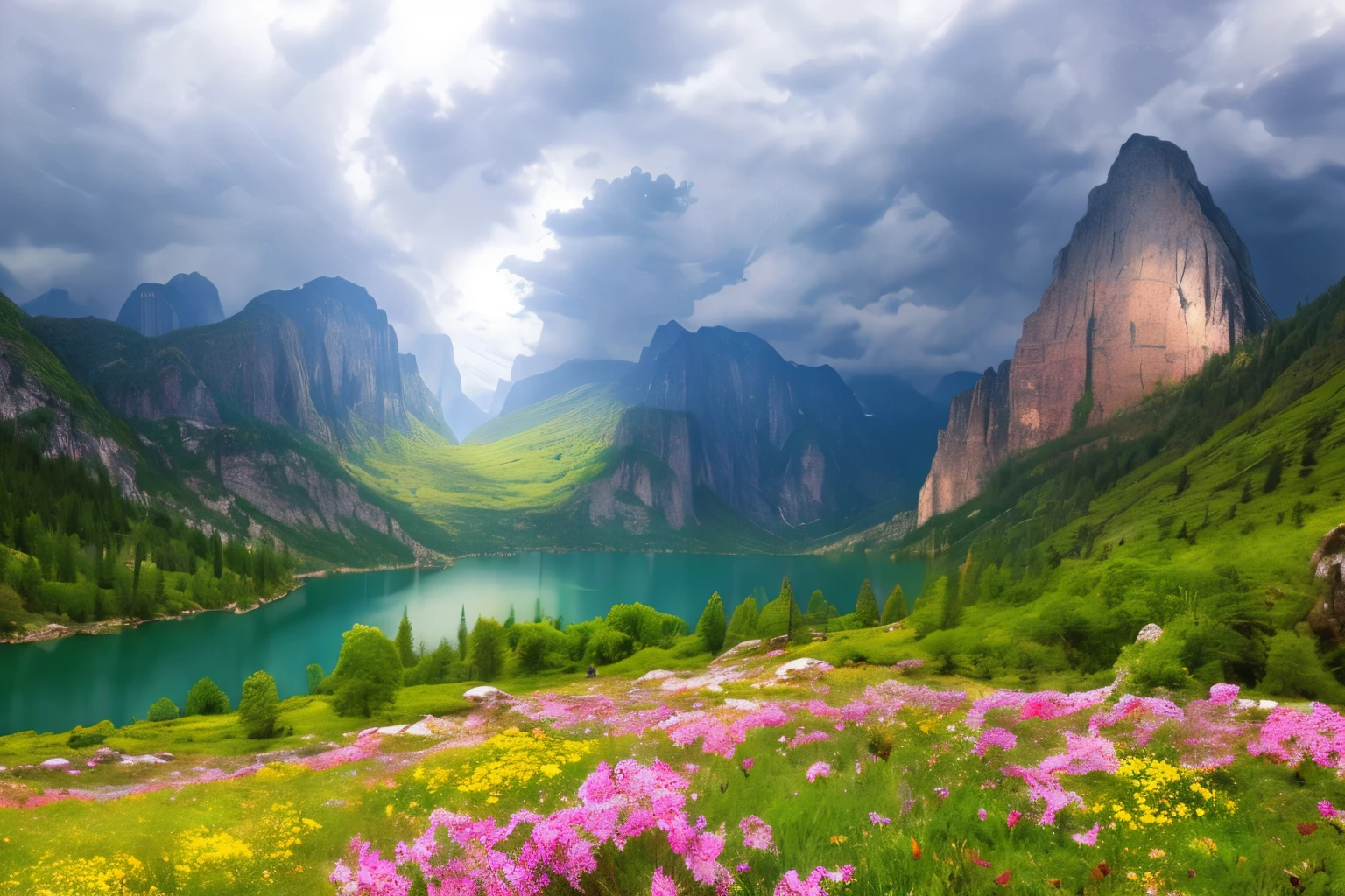 magical, landscape, mysterious, luminous, dreary, complex, bloom, dreary. expansive, magnificent, god rays, storm, lightning, mountains, valley, boulders, trees, flowers, lake