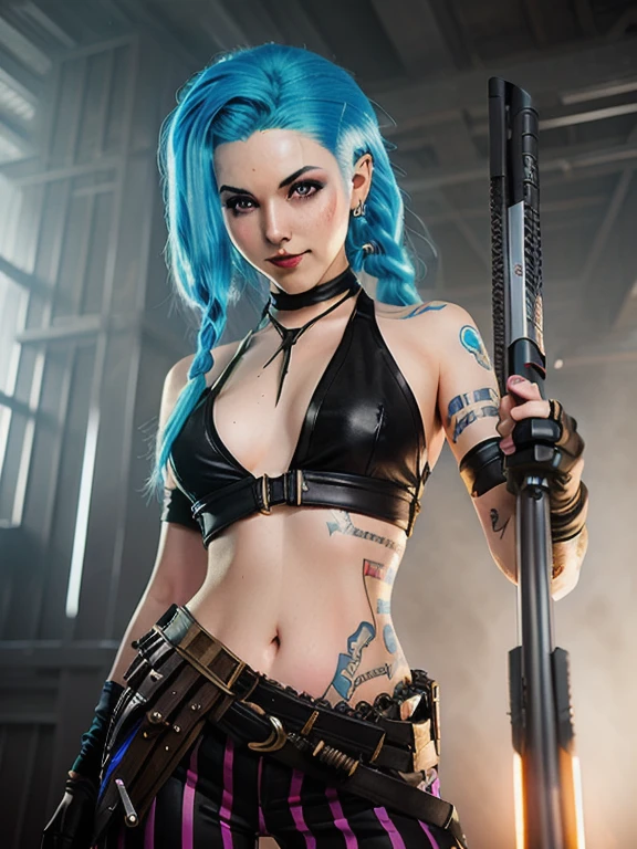 Jinx, smile, sexy pose, detailed eyes, photography, trending on artstation, sharp focus, studio photo, intricate details, highly detailed, by greg rutkowski