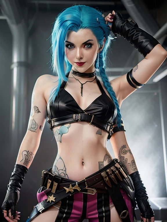 Jinx, smile, sexy pose, detailed eyes, photography, trending on artstation, sharp focus, studio photo, intricate details, highly detailed, by greg rutkowski   