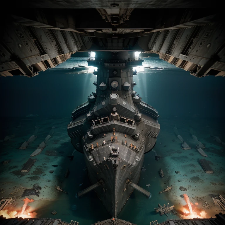 ((masterpiece, top quality, highest quality, high resolution, graphic, raw photo, 8K)), (Dark sea bottom, old battleship tilted and buried, bridge half collapsed, three main guns broken and covered with coral, large hole in the deck:1.5), Ancient battleship on the ocean floor is now a playground for fish, with three days to go text in center and Underwater Photography, deep sea bottom, Tyndall Effect, tilted and buried, holey battleship, (View of the sunken ship from above:1.2), 


