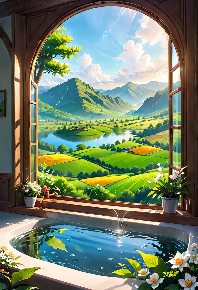 1girl, The View Outside the Window, (4k,8k,highres,:1.2),ultra-detailed,(realistic,photorealistic,photo-realistic:1.37),indoor view,window view,outside scene,outdoor scenery,breathtaking landscape,panoramic view,serene atmosphere,clear blue sky,rolling hills,green meadows,colorful flowers,trees swaying in the wind,sun shining brightly,golden sunlight streaming in through the window,glimmering lake in the distance,crystal-clear water,reflection of the sky on the water surface,lush forests,majestic mountains on the horizon,peaceful countryside,tranquil setting,quiet ambiance,gentle breeze rustling the leaves,morning mist over the fields,tiny birds chirping,soft rays of sunlight illuminating the room,nature's beauty at your doorstep,serenity of the outside world,boundless beauty right outside the window . masterpiece, best quality, very aesthetic, absurdres, aesthetic
