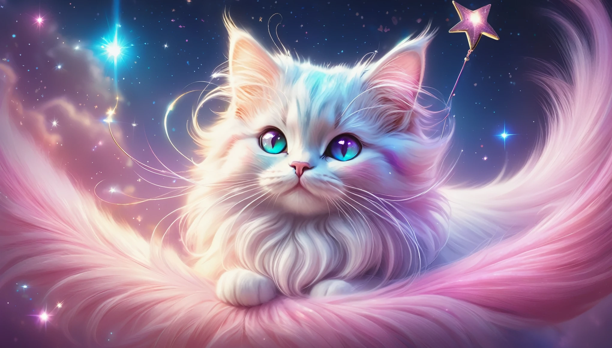 (highres:1.2),magical cat,illustration,fluffy fur,sparkling eyes,curled tail,floating in the air,cute pink bow (best quality,highres),shining stars,glowing wand,colorful sparkles,enchanting background,dream-like atmosphere,luminous moonlight,vibrant colors,mystical fantasy,whimsical style,fanciful scenes,soft pastel tones (HDR),ethereal lighting,mesmerizing glow