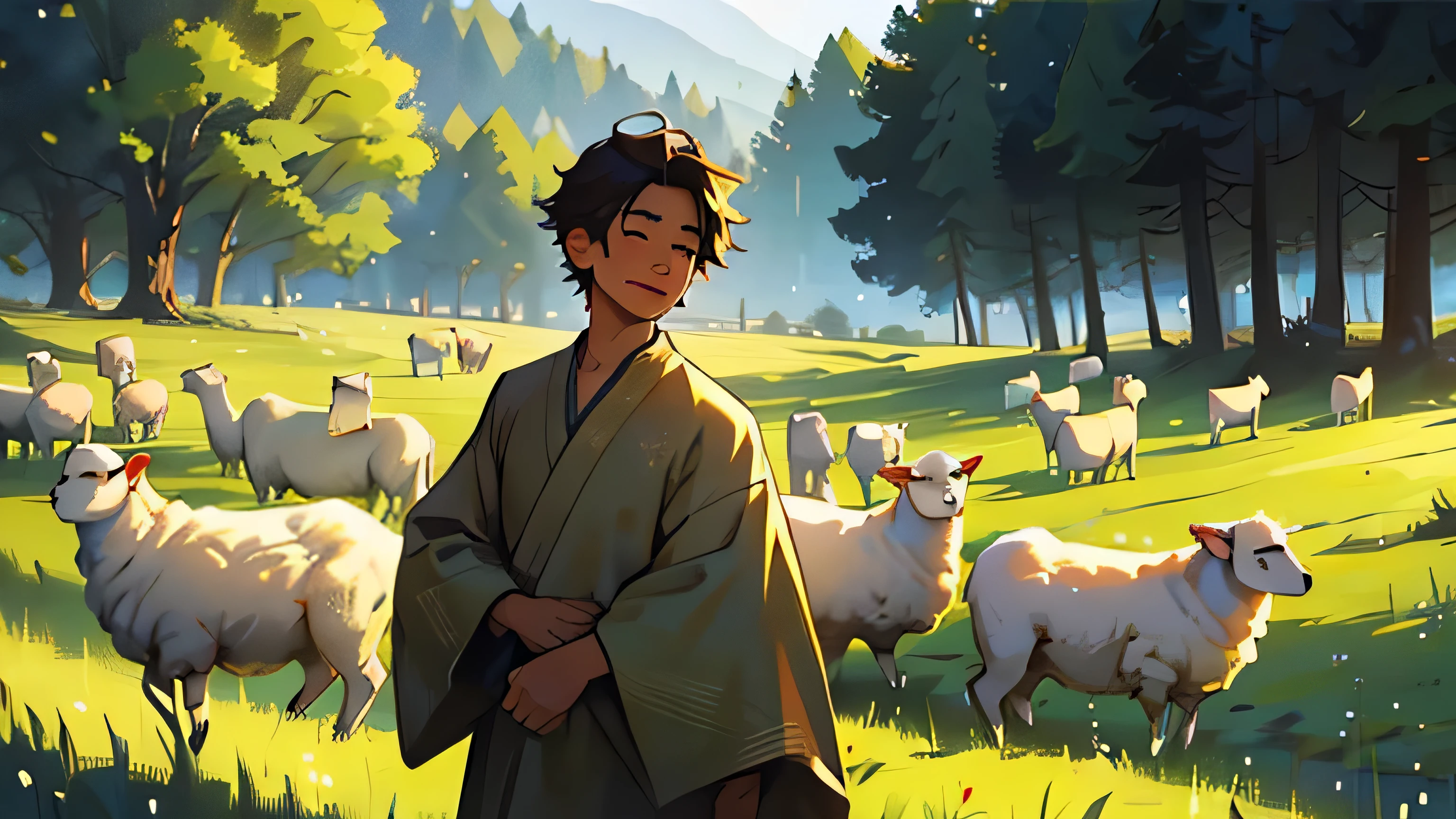 In a cinematic picture shot, Abel is portrayed amidst a backdrop of pastoral beauty, surrounded by lush green fields and gentle rolling hills. His attire is simple yet wholesome, adorned in a soft, earth-toned tunic that reflects his humble lifestyle. As the golden rays of sunlight filter through the trees, Abel's face radiates with a serene joy, his eyes alight with innocence and contentment. With a flock of sheep grazing peacefully nearby, he exudes an aura of harmony and tranquility, embodying a life lived in harmony with nature. The scene captures Abel's essence as a gentle soul, deeply connected to the rhythms of the land, finding fulfillment in the simplicity of his existence.