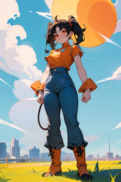 Young girl of , of medium height, measuring 1.65cm, with a round face, large, round and orange eyes, thick eyelashes, small eyebrows, small and red nose, round cheeks, blushing cheeks and nose, with a big smile, cat's fang, thin and small lips, hair short past her shoulders, her hair falls to the sides, behind her ears, short bangs, she has two long pigtails tied with a dark yellow string, her hair is pointed and bristly like the of a Saiyan, and light brown in color, on his neck he has a thin white necklace, he is wearing a bright orange short-sleeved T-shirt, with a black panda print in the center, he is also wearing gardener jean pants , light blue, is wearing short orange leather boots with black laces. She has medium-large breasts, she is a little chubby, wide, delicate and soft arms, short, wide and soft legs, thick and soft thighs, she has wide hips and waist, she has a pink star-shaped tattoo on her right cheek . You are in a big city, with very tall buildings, with a turquoise sky, white fluffy clouds, in a bright sunrise. He is in 3/4 view from below, his shoulders are tilted to the left and his hips and legs are tilted to the right making a more dynamic and less static/robotic pose, he has his arms resting on his waist. (High quality image ),(super detailed face),(beautiful face),(8K),+cinematic lights),(full body),(super detailed),