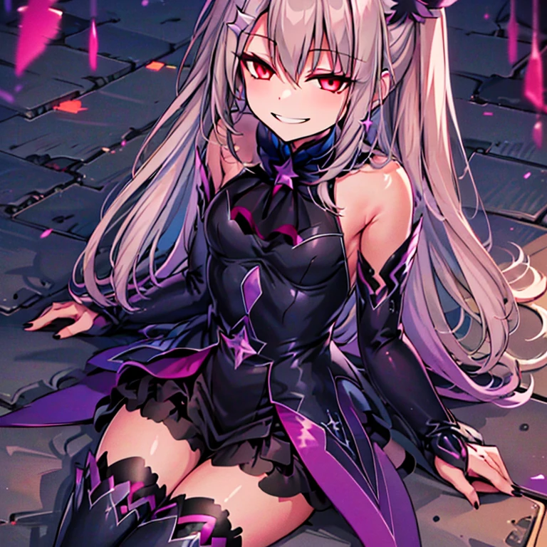 (best quality:1.2), 1 girl, alone, star hairpins, black feather hairpin, nail art, vibrant colors, dreamlike lighting, detailed floral background, evil smile