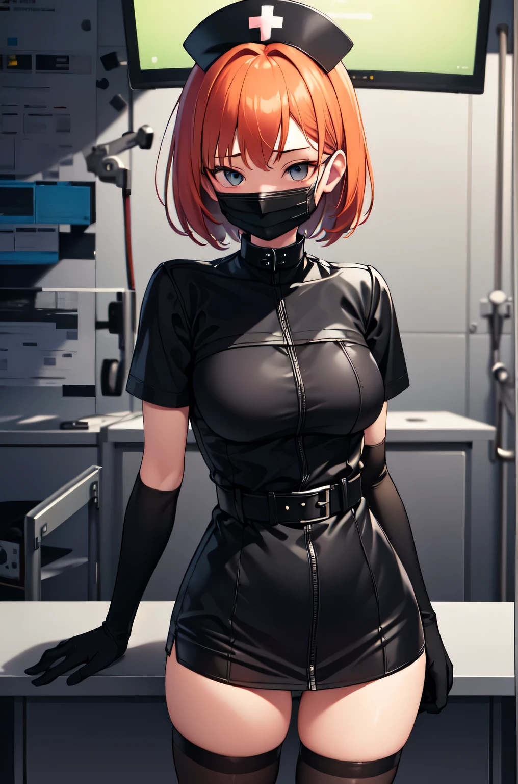 black nurse, 1girl, solo, black nurse cap, black nurse uniform, ((black legwear, zettai ryouiki)), black elbow gloves, very short hair, orange hair, ((black surgical mask, covered nose)), standing, ((surgery room)), sharp outline, short sleeves, tomboy, boyish, best quality, masterpiece