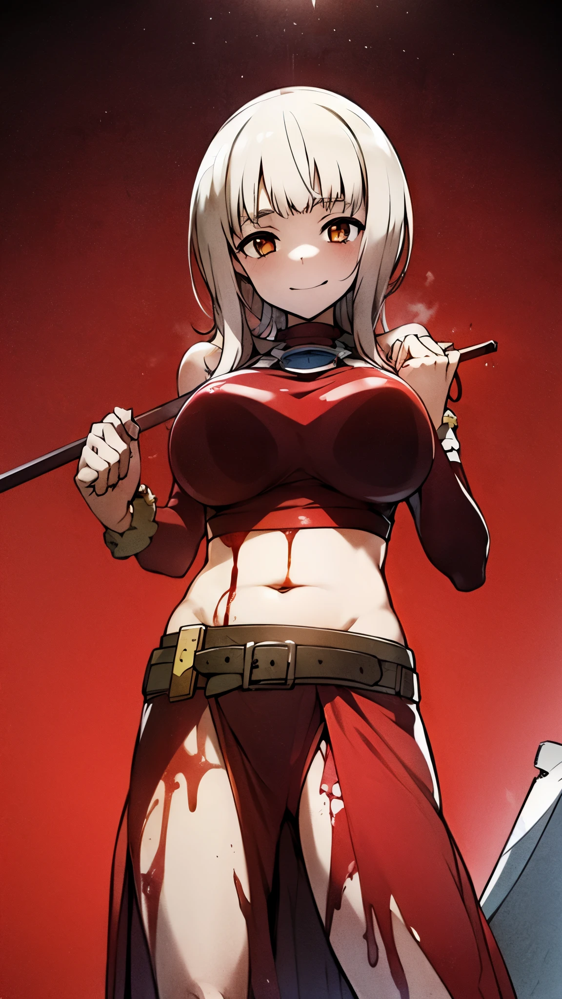 ((masterpiece)), ((best quality)), ((grotesque and splatter)), beautiful girl, curvy, tall, exposed belly, belly button, big breasts, femdom, slaughter, bloody dress, Blood on the breasts, Bloody, Blood on the breasts, Blood on the belly, tall, bloody knife, bloody sword, bloody breasts, war, fight, kill, Behead, shot from below, POV from fallen enemies, sensual, smile, spattered by much blood, having a big bloody sword, reflecting blood on the whole body, looking down on me, massaging breasts, getting excited sexially, kill everyone, blood splatter, cruel, background with battlefield, cut off head of man, holding a severed head, bare midriff, leaning forward, looking down, from below
