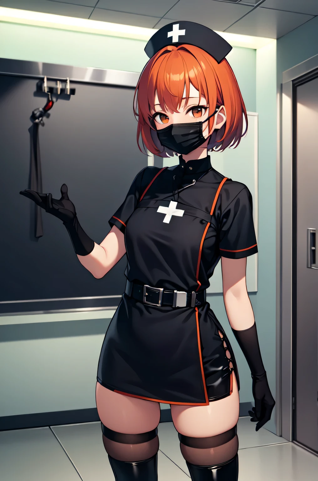 black nurse, 1girl, solo, black nurse cap, black nurse uniform, ((black legwear, zettai ryouiki)), black elbow gloves, very short hair, orange hair, ((black surgical mask, covered nose)), standing, ((surgery room)), sharp outline, short sleeves, tomboy, boyish, best quality, masterpiece