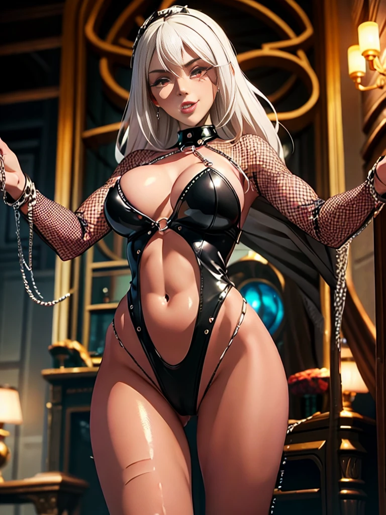 ,(perfect female proportions)++, (blush, milf, curvy body, voluptuous )++, beautiful detailed eyes,  enhancement, toned female, glamorous perfect female proportion, (symbol of evil:1.2),  woman,  woman, (evil smile:1.1), (villain, dark heroine:1.2), (perfect female proportions:1.1), (seductive eyes:1.2), eyeliner, mascara,  makeup, (seductive smile:1.2), (mature woman:1.4), (milf:1.1), masterpiece, best quality, high quality, illustration, film grain, 1girl, (glowing evil red eyes), evil grin, crazy eyes, (high resolution, masterpiece, ultra best quality, insanely amazing hyper fine extremely detailed, official:1.4) dark heroine anime girl with short hair in a dark and evil place, extremely detailed artgerm, (official:1.4), dynamic composition, (solo girl:1.4), {}, masterpiece, ultra-detailed, iconic attack, dominatrix, spiked collar, fishnets, fishnet_legwear, 1girl, jewelry, solo, , silver_hair, earrings, necklace, ,(illyasviel_von_einzbern)+++, 2D,  fishnets, unmoving_pattern, lips, pantyhose, chain-link_fence fishnets , smile, looking_at_viewer, see-through, cleavage, long_hair, navel, makeup, , red_eyes, lipstick, pearl_necklace, bodystocking, mature, nail_polish, gloves, revealing_clothes, ring,standing, solo_focus, solo girl, solo, cross,