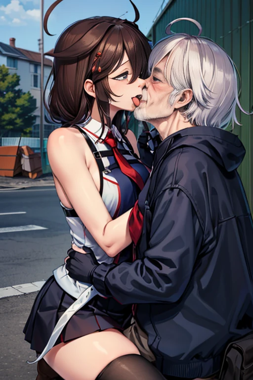 {perfect anatomy},((beautiful face:1.5)),((Pregnant: 0.8)), (((french kiss, 1 girl, 1homeless Old Man, hetero,kiss, french kiss, tongue kiss:1.5))),realistic, Photo realistic, best quality, (8k, best quality, masterpiece, ultra high res, photorealistic, Super Detail), Ultra Detailed, Detailed Skin, (an extremely delicate and beautiful), BREKA,1 japanese beautiful airl, ShigureKaiSanKC, (sleeveless) shirt, (black and white) two-tone shirt, (black) pleated skirt, (black) thigh highs, (red) necktie, (white) belt, (black) fingerless gloves, (red) hand ribbon, hair over shoulder, hair ornament, hair between eyes, blue eyes,hair bow, long belt, BREAK perfect hands, detailed hands, best hands.