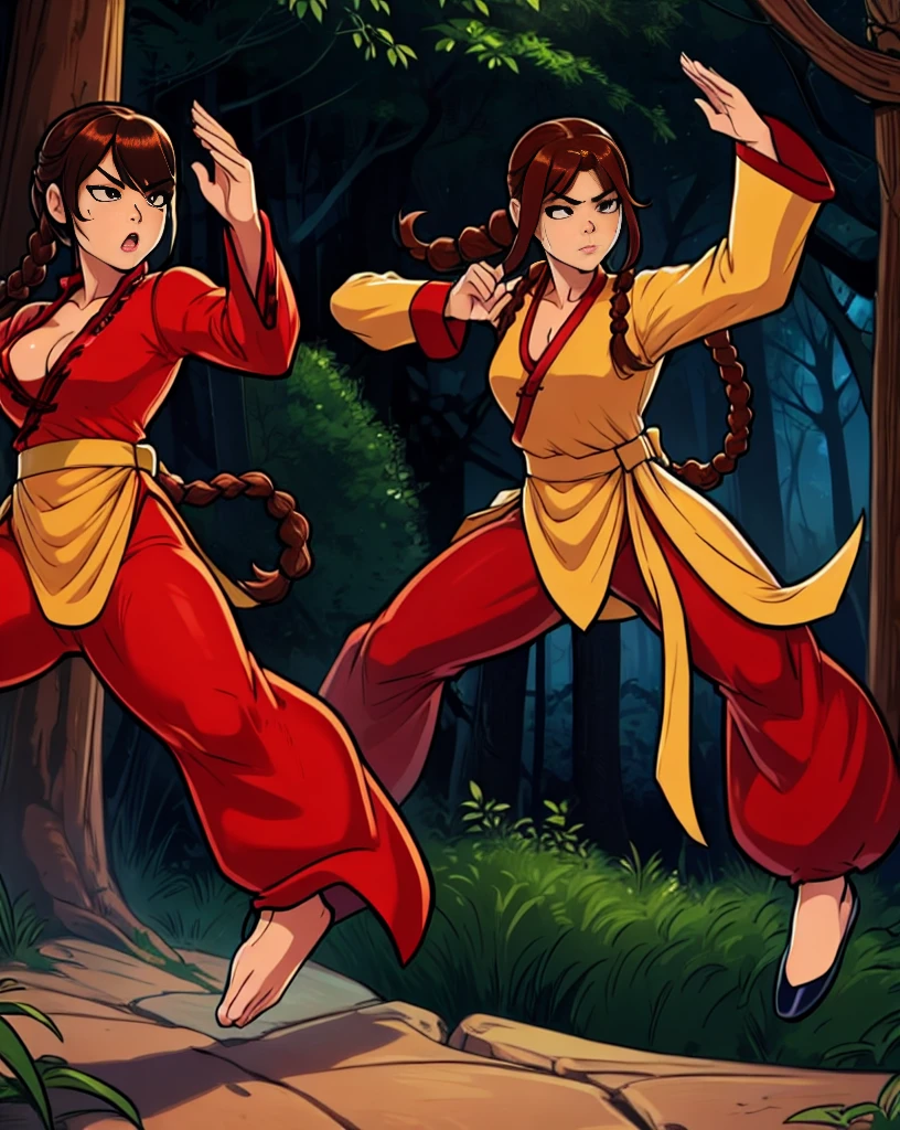 lei kugo, solo, live a live, chinese clothes, traditional clothes, action pose, full body, brown hair, braided hair, martial arts, action pose, (1girl), medium breasts, ((red chinese clothes)), wanderer, traditional clothes, fighter clothes, pants, gauntlets, elbow gloves, fingerless gloves, full body,(( brown hair)), bread  ponytail, braided hair, ((( cross scars on face)), hourglass figure, female, action pose, martial arts, kung fu, background, mountain, imperial chinese, inspired by Masamune Shirow & studio gainax, 