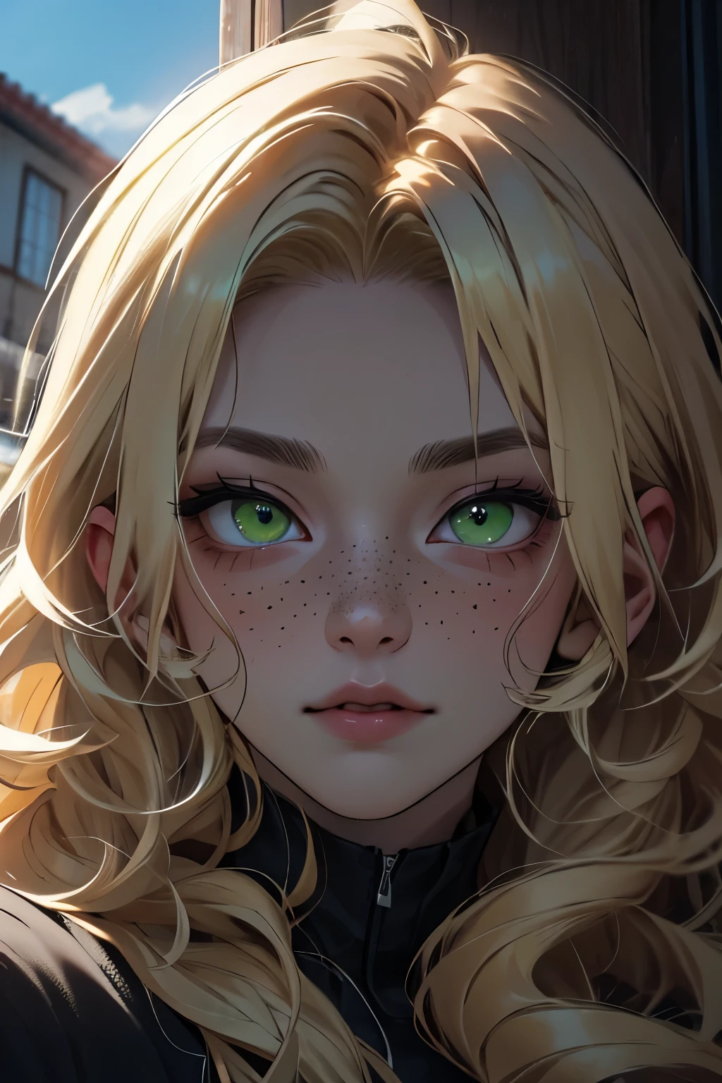((Best quality)), ((masterpiece)), (detailed), perfect face, curly hair, long hair, green eyes, big eyes, sleepy facial expression, chiseled figure, sunny day, one girl, freckles, blonde hair