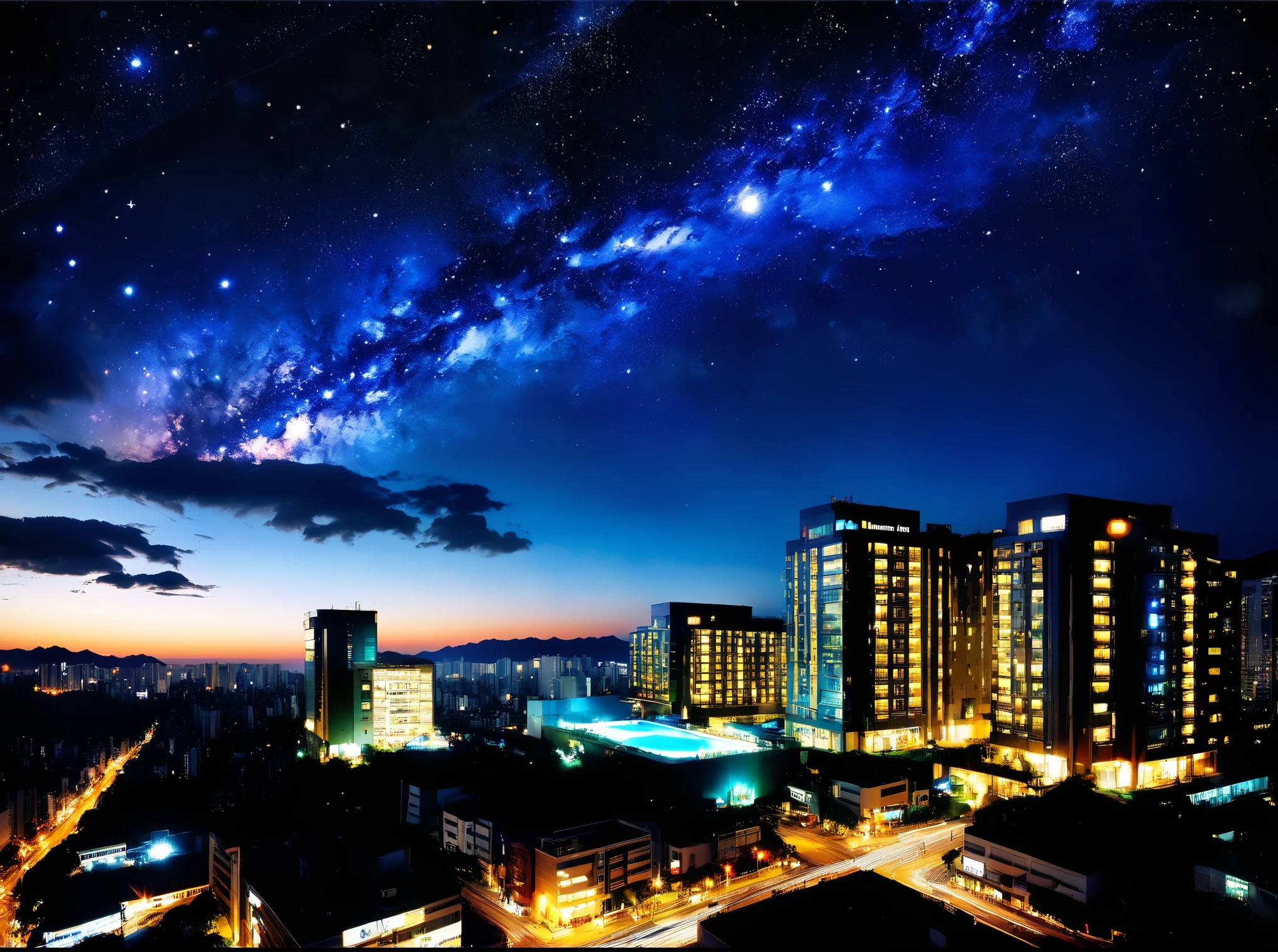night view、starry sky、ホテルの部屋からのnight view、Travel abroad、illumination、Luxury high rise hotel、Top Floor、hotel town、